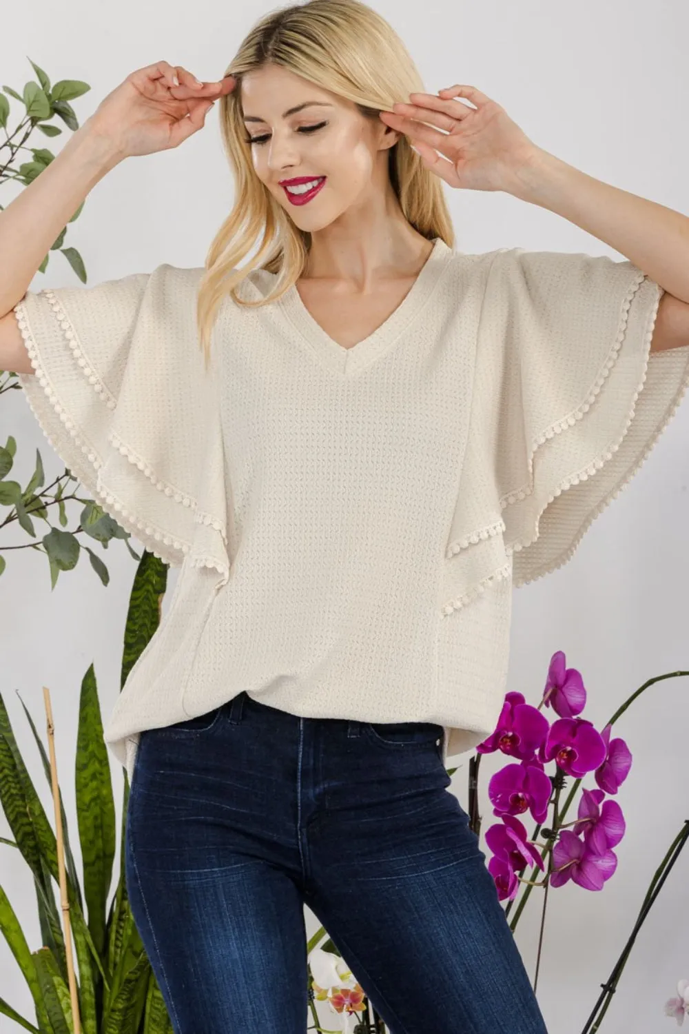 Celeste Full Size V-Neck Lace Trim Flutter Sleeve Top sold by Charming Charlie product image thumbnail 4