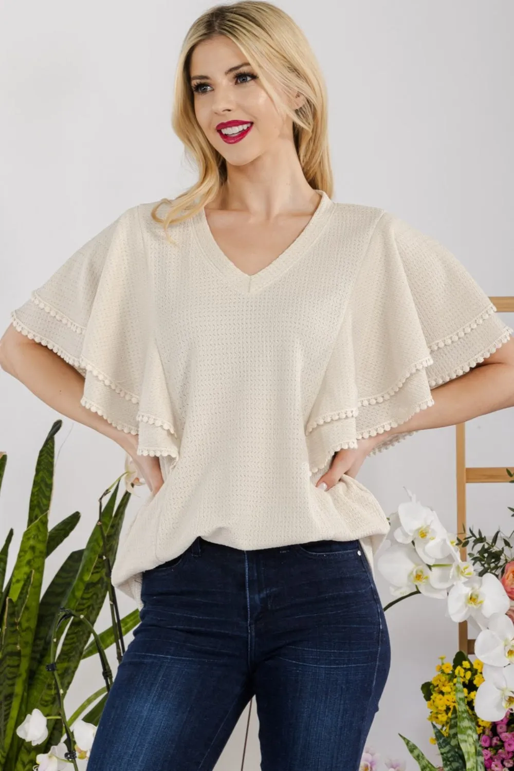 Celeste Full Size V-Neck Lace Trim Flutter Sleeve Top sold by Charming Charlie product image thumbnail 5
