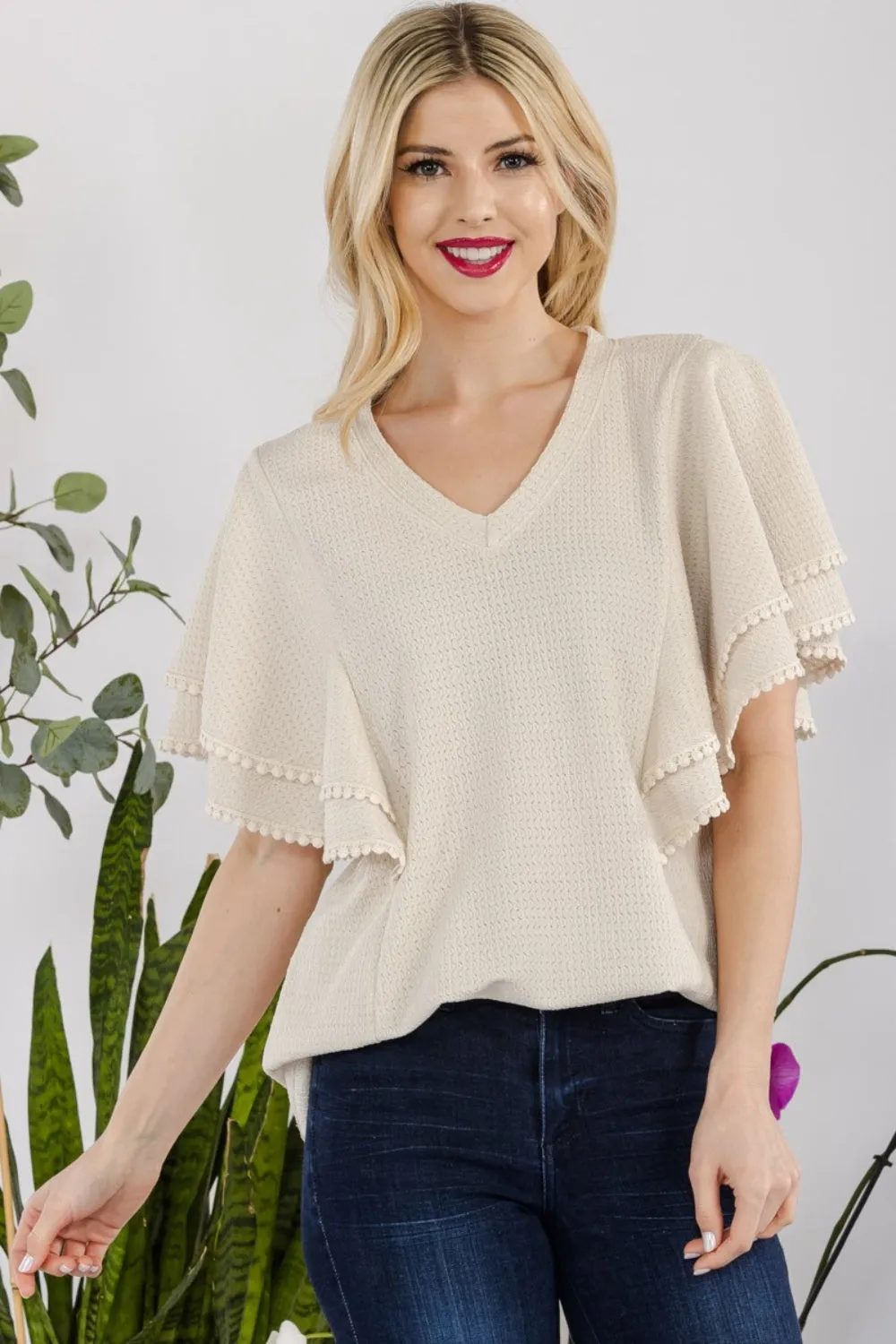 Celeste Full Size V-Neck Lace Trim Flutter Sleeve Top sold by Charming Charlie product image thumbnail 3