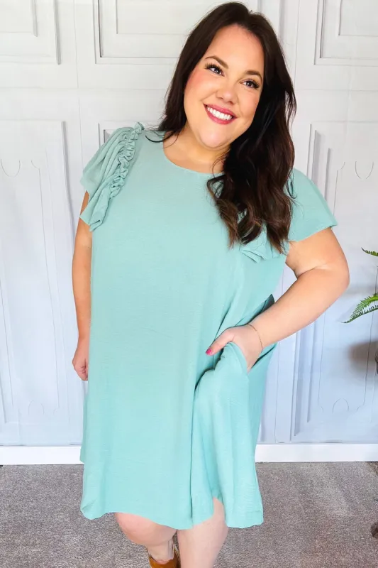 Out For The Day Sage Crinkle Woven Ruffle Sleeve Dress sold by Charming Charlie