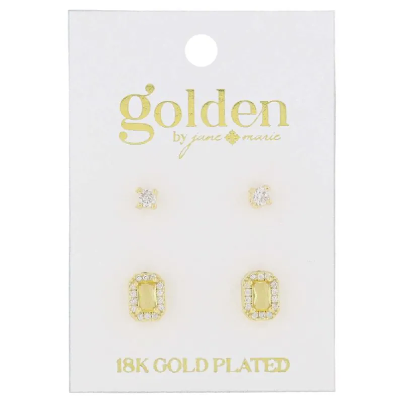 18K Gold Plated 2 Stud Set, Crystal, Topaz Baguette Earrings, .15", .35" Top to Bottom sold by Charming Charlie