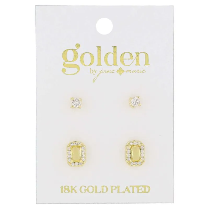 18K Gold Plated 2 Stud Set, Crystal, Topaz Baguette Earrings, .15", .35" Top to Bottom sold by Charming Charlie