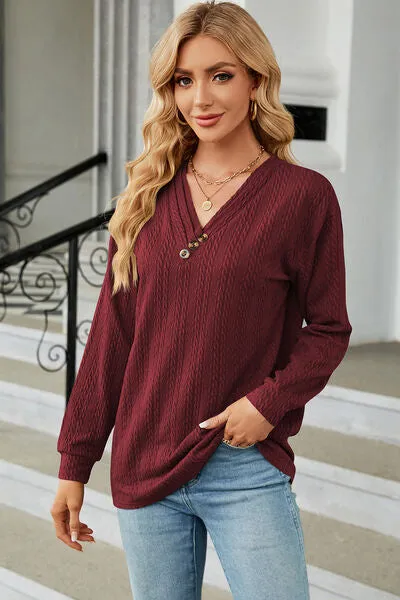 Decorative Button V-Neck Long Sleeve T-Shirt sold by Charming Charlie