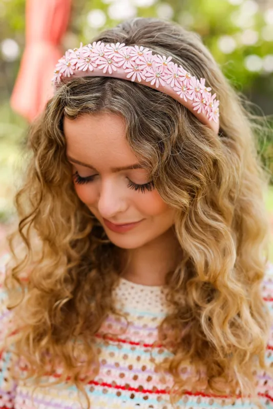 Pink Satin Daisy Rhinestone Headband sold by Charming Charlie