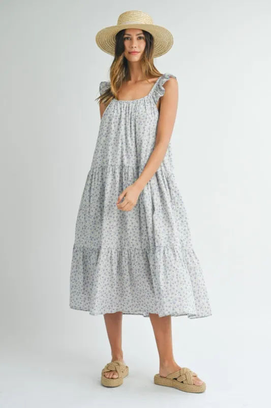 MABLE Floral Ruffle Shoulder Tiered Midi Dress sold by Charming Charlie