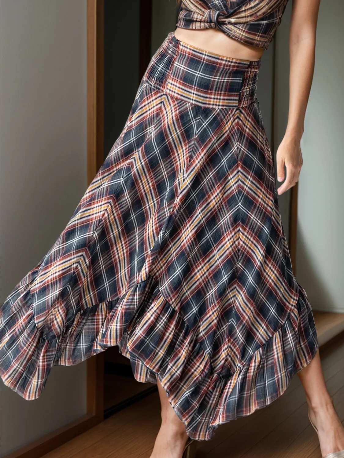 Plaid Asymmetrical Ruffle Hem Skirt sold by Charming Charlie