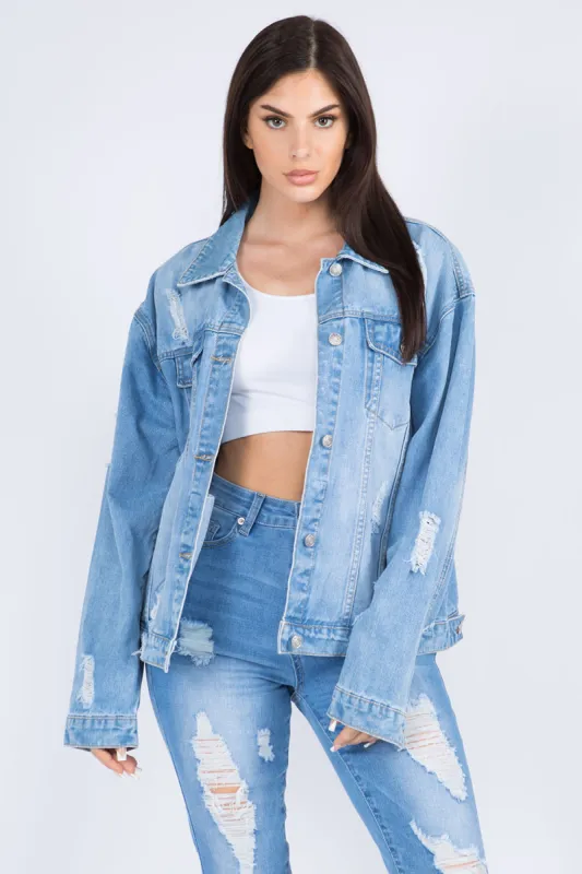 American Bazi Full Size Painted Back Distressed Denim Jacket sold by Charming Charlie