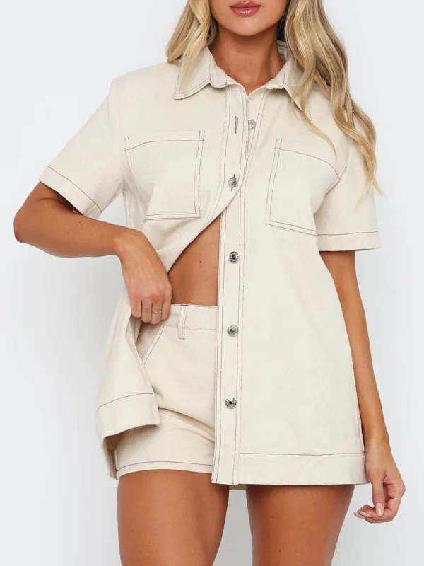 Pocketed Button Up Top and Shorts Set sold by Charming Charlie