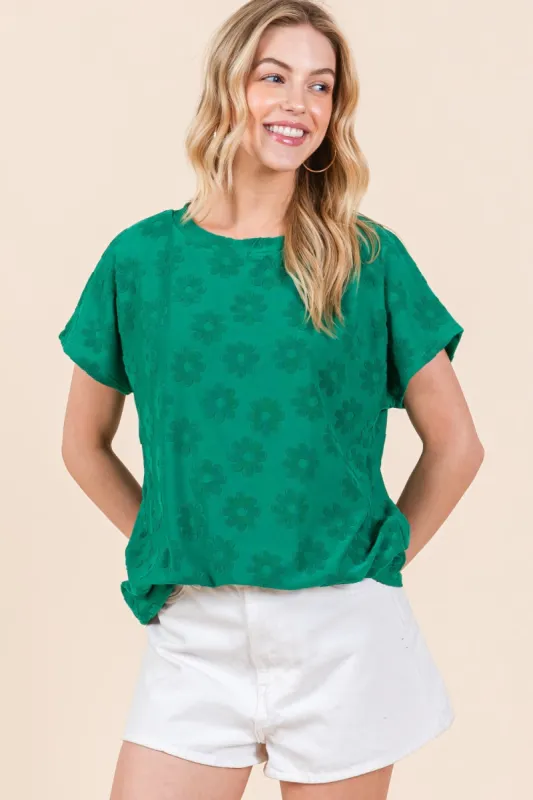 BOMBOM Textured Floral Pattern Short Sleeve T-Shirt sold by Charming Charlie