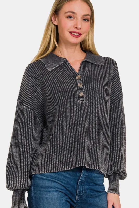 Zenana Washed Half Button Long Sleeve Sweater sold by Charming Charlie