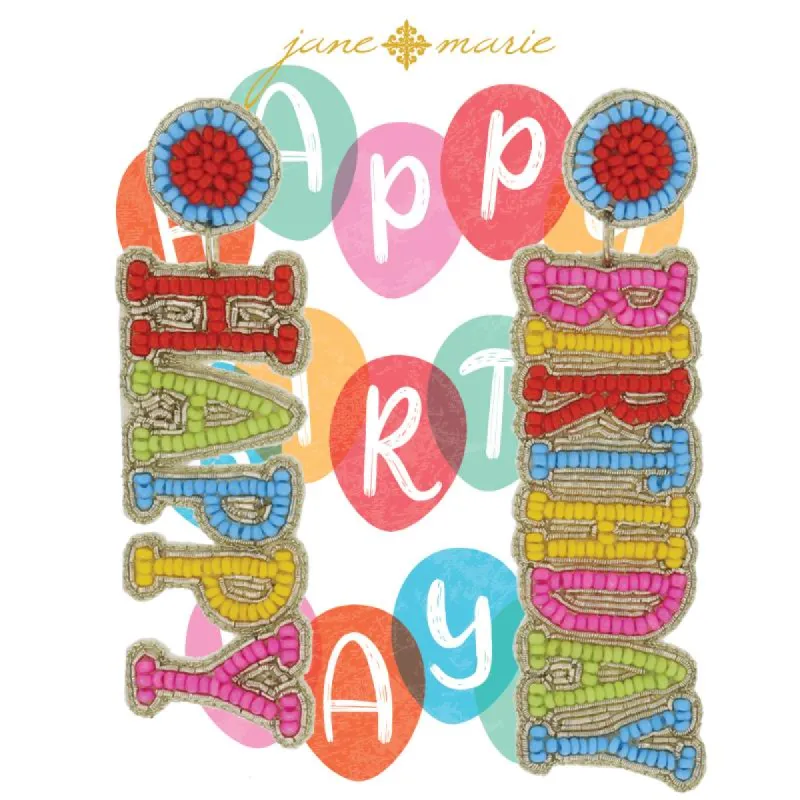 Beaded Post with "HAPPY BIRTHDAY" in Gold and Multi Colorblock Earrings, 3.25", 3.5" Top to Bottom sold by Charming Charlie