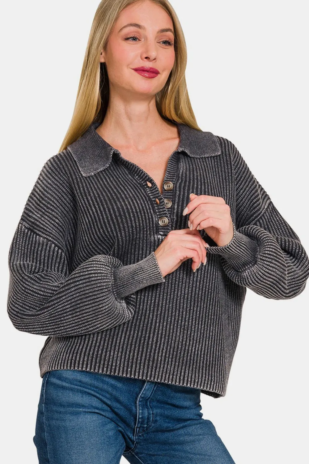 Zenana Washed Half Button Long Sleeve Sweater sold by Charming Charlie product image thumbnail 2