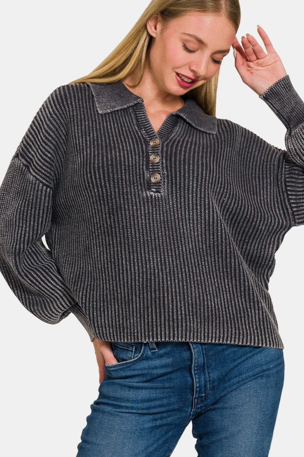 Zenana Washed Half Button Long Sleeve Sweater sold by Charming Charlie product image thumbnail 3