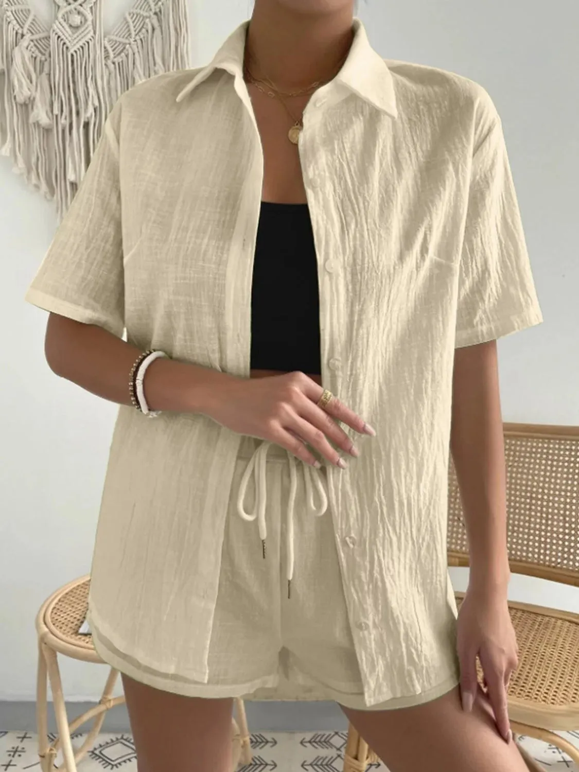 Button Up Short Sleeve Shirt and Drawstring Shorts Set sold by Charming Charlie product image thumbnail 4