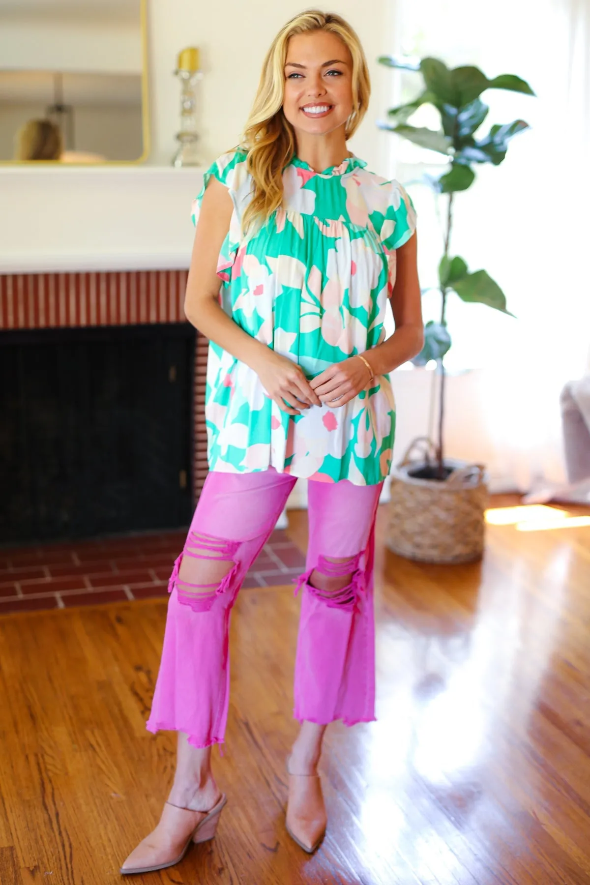 Feeling Joyful Aqua Floral Mock Neck Flutter Sleeve Top sold by Charming Charlie product image thumbnail 2