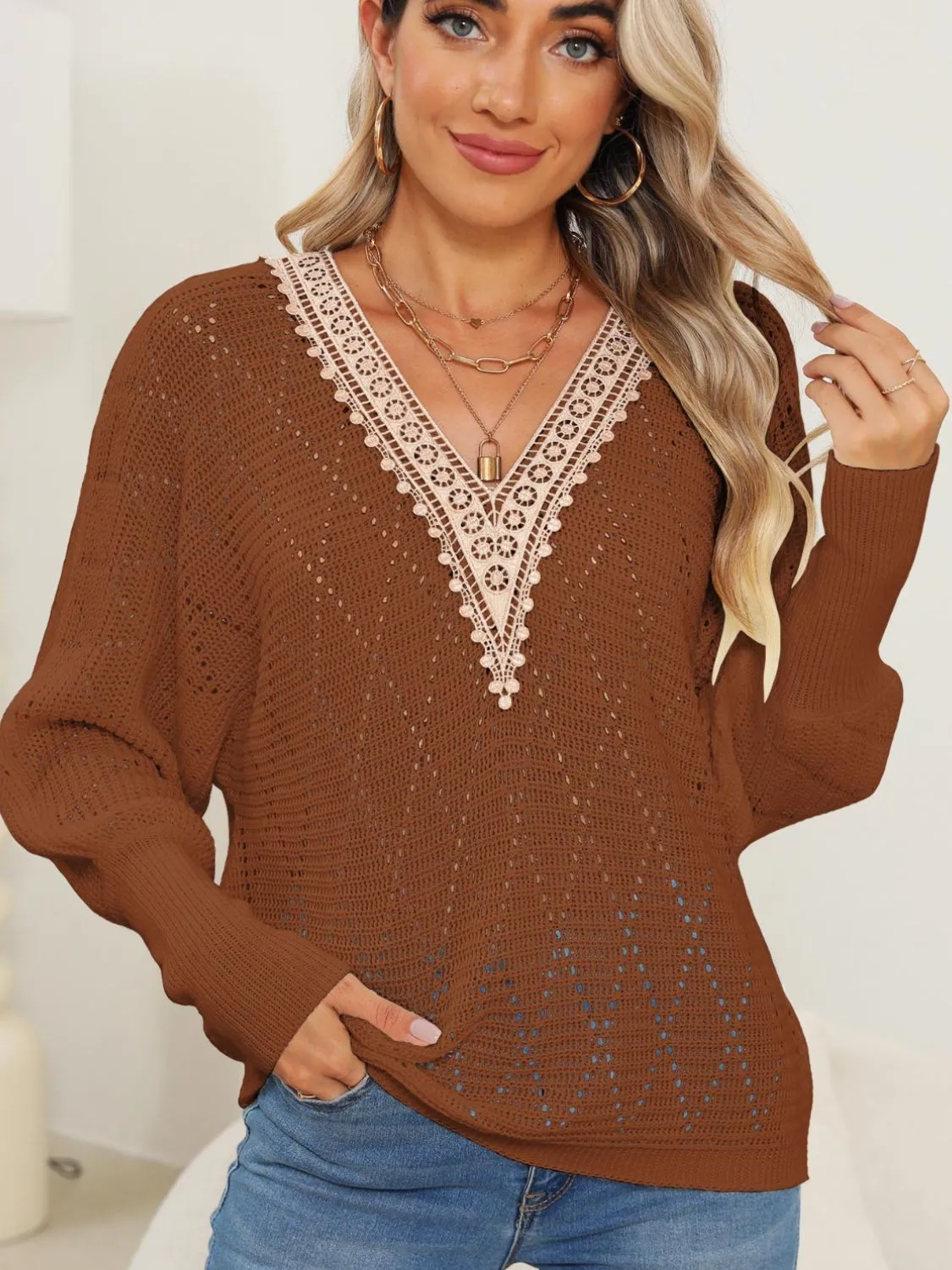 Lace Detail V-Neck Long Sleeve Sweater sold by Charming Charlie product image thumbnail 4