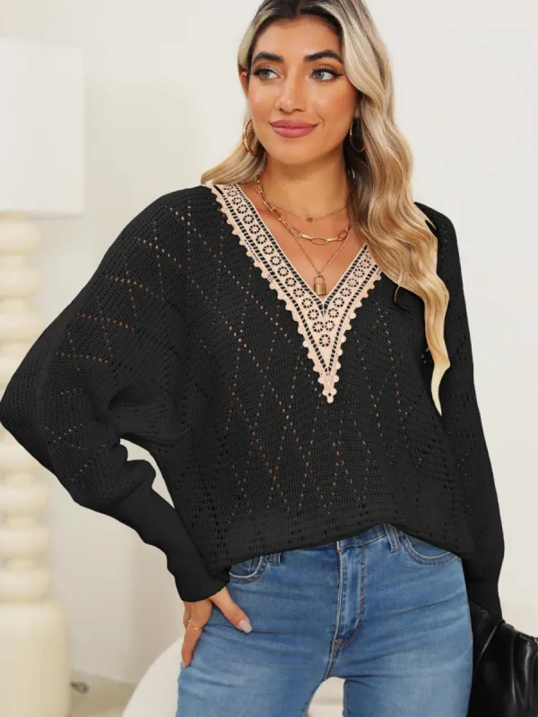 Lace Detail V-Neck Long Sleeve Sweater sold by Charming Charlie