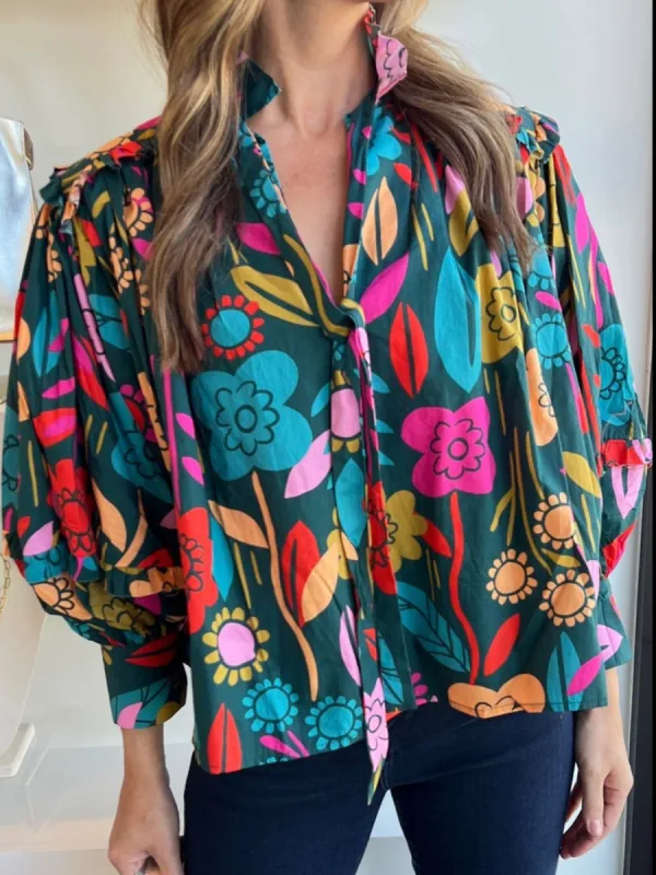 Printed Lantern Sleeve Blouse sold by Charming Charlie