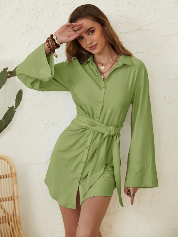 Collared Neck Long Sleeve Mini Shirt Dress sold by Charming Charlie
