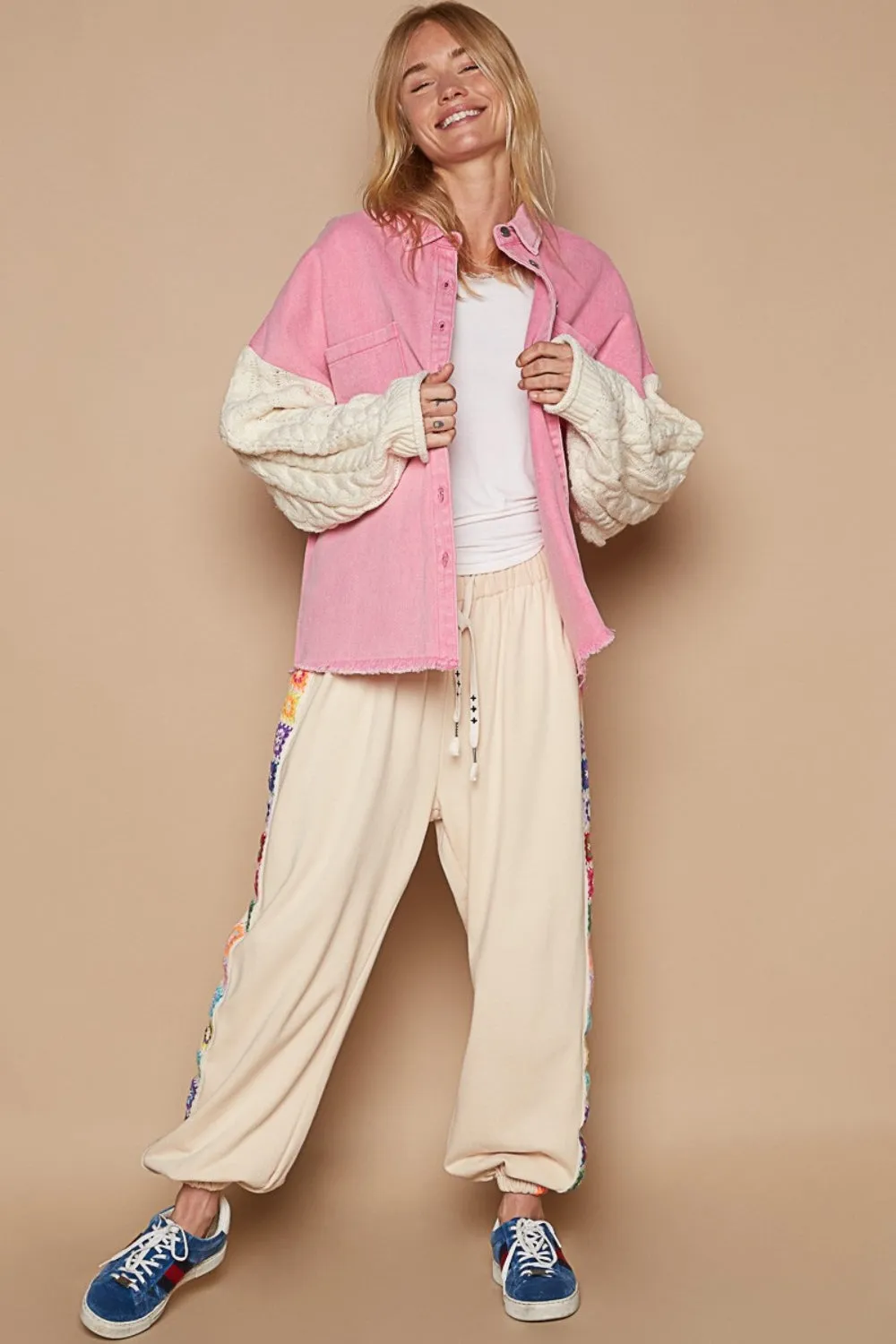 POL Contrast Sweater Sleeve Button Down Shacket sold by Charming Charlie product image thumbnail 2