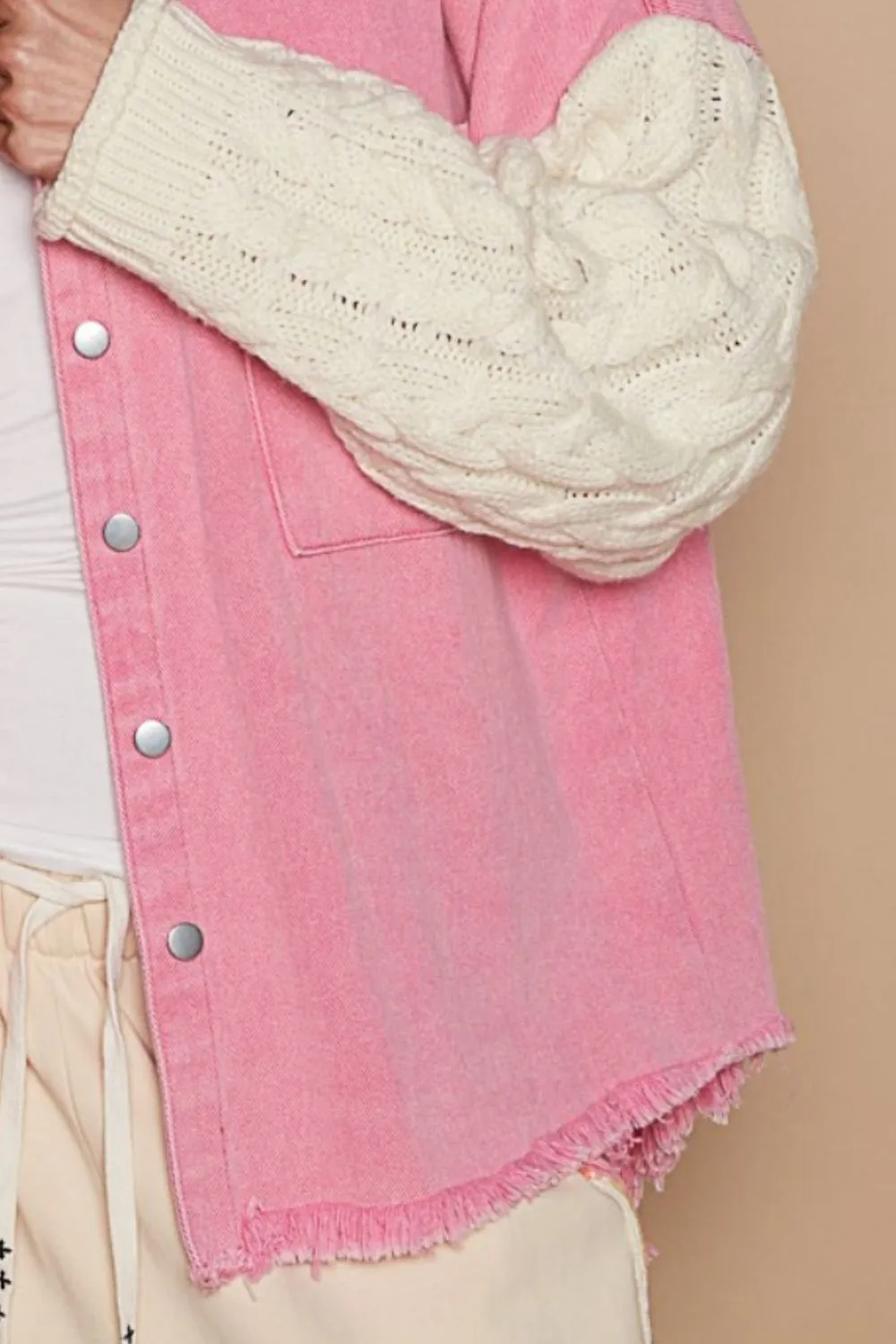 POL Contrast Sweater Sleeve Button Down Shacket sold by Charming Charlie product image thumbnail 3