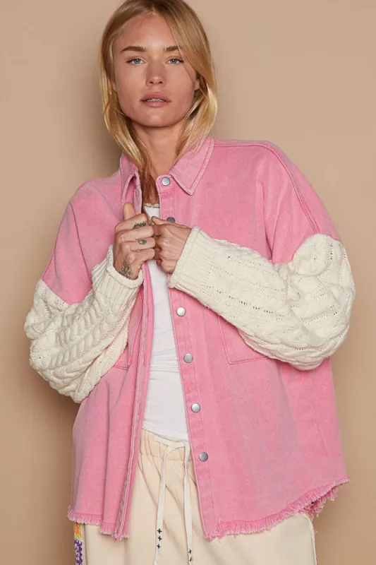 POL Contrast Sweater Sleeve Button Down Shacket sold by Charming Charlie