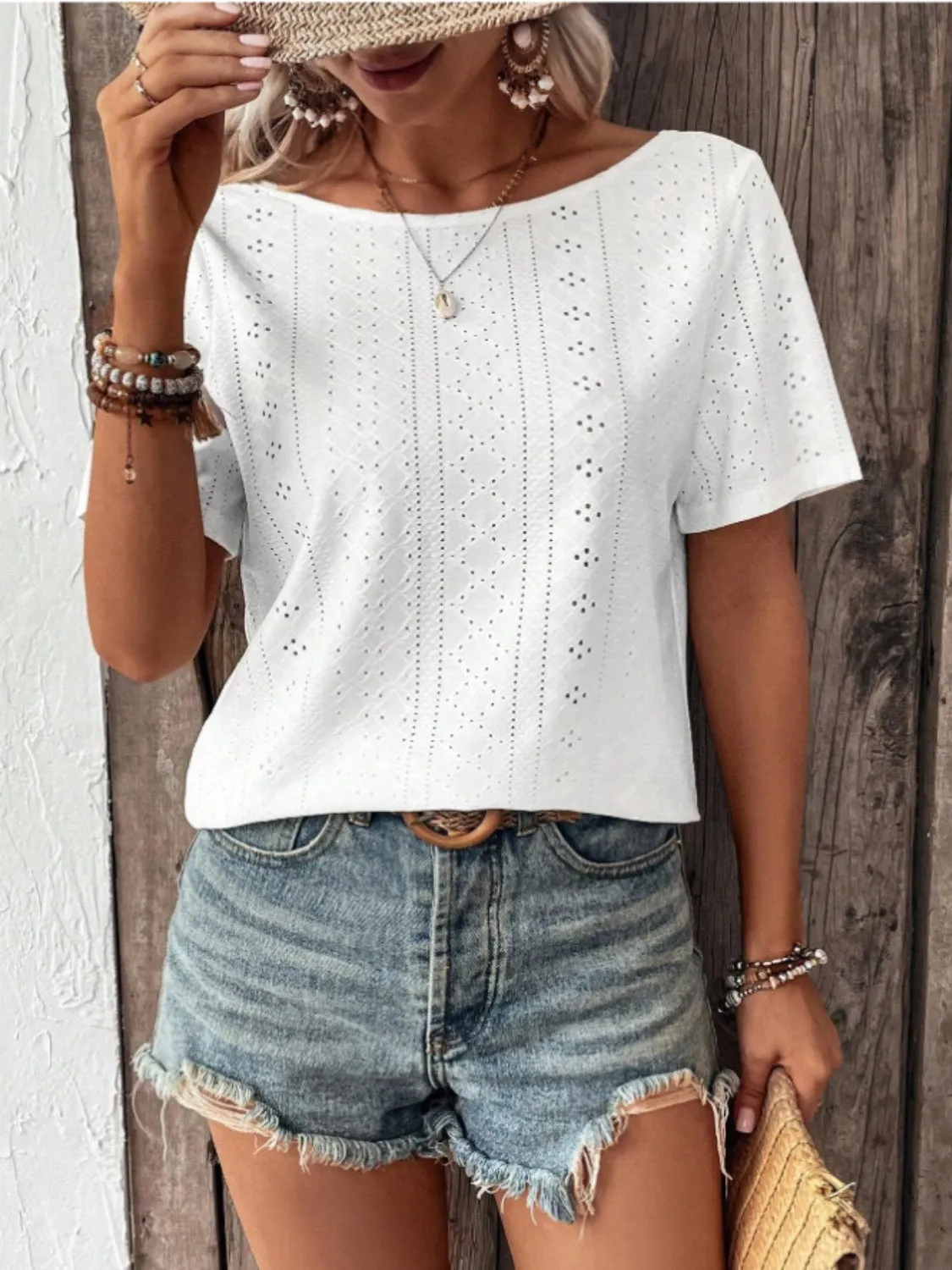 Lace Detail Eyelet Short Sleeve Blouse sold by Charming Charlie product image thumbnail 5