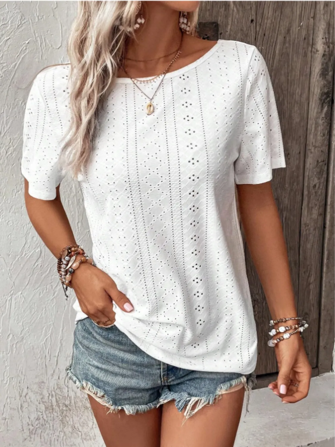 Lace Detail Eyelet Short Sleeve Blouse sold by Charming Charlie product image thumbnail 2