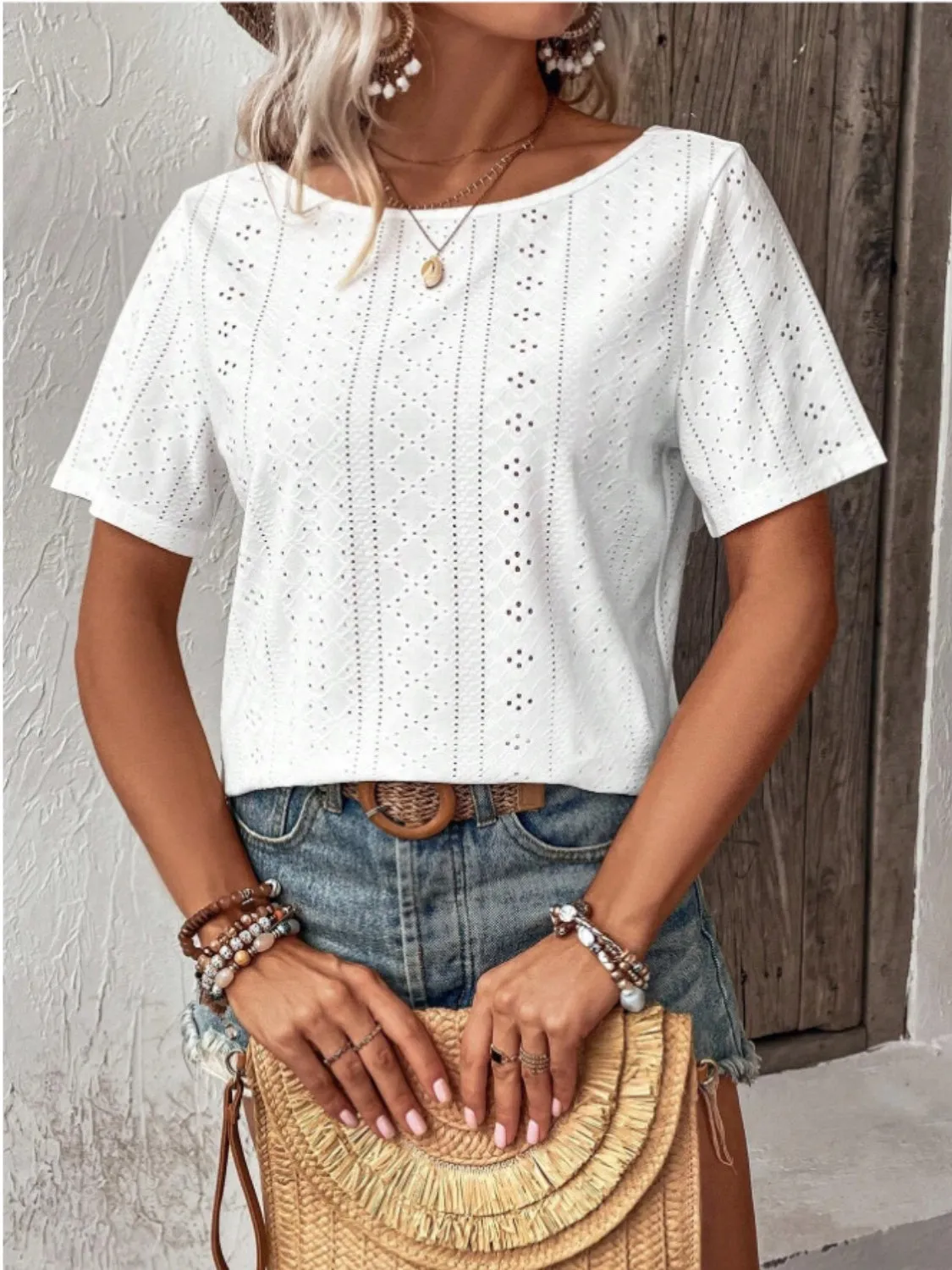 Lace Detail Eyelet Short Sleeve Blouse sold by Charming Charlie product image thumbnail 3