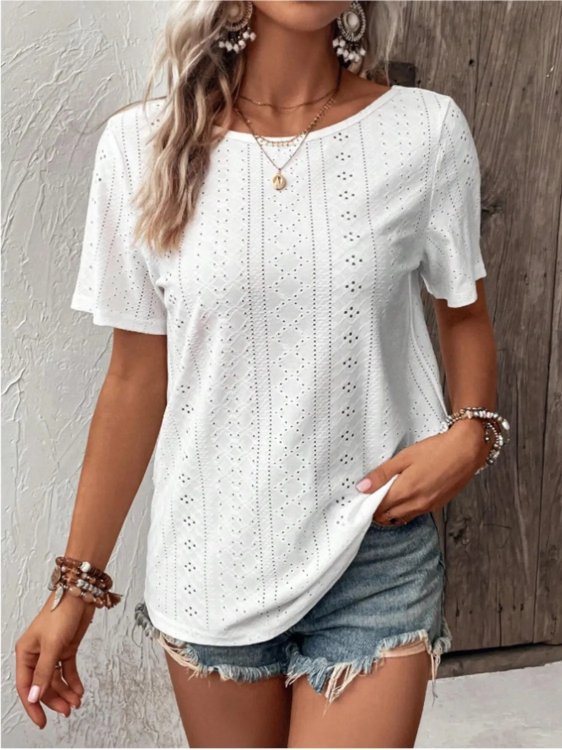 Lace Detail Eyelet Short Sleeve Blouse sold by Charming Charlie product image thumbnail 4