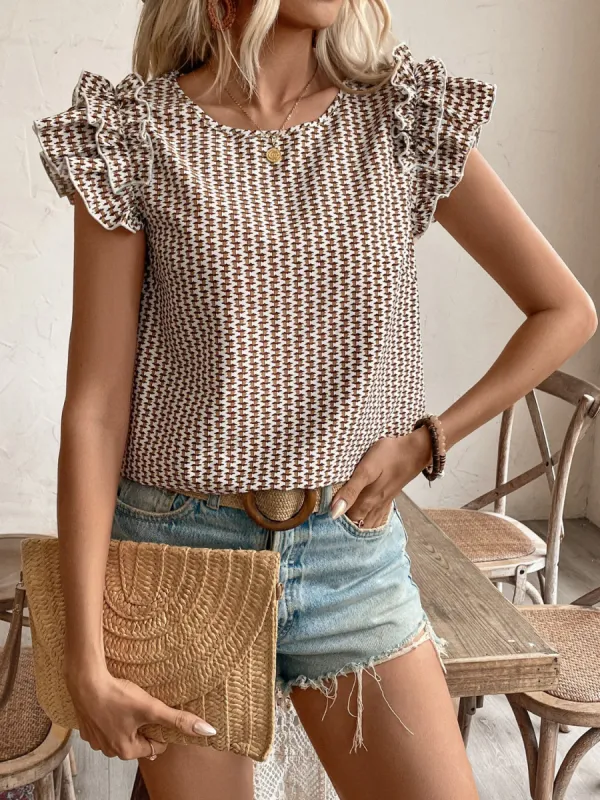 Ruffled Printed Round Neck Cap Sleeve Blouse sold by Charming Charlie