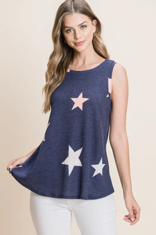 BOMBOM Star Print Round Neck Tank sold by Charming Charlie