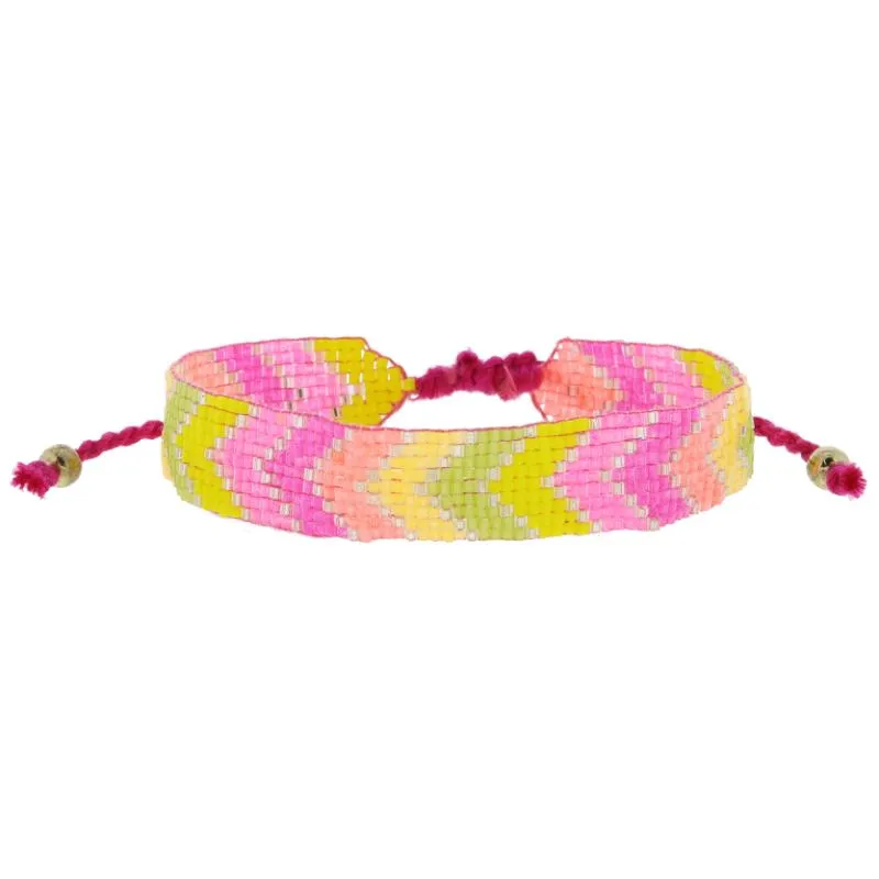 Pink, Hot Pink, Coral, Light Orange, Lime, Yellow with Silver Woven Beaded Band Bracelet, .5" Wide sold by Charming Charlie
