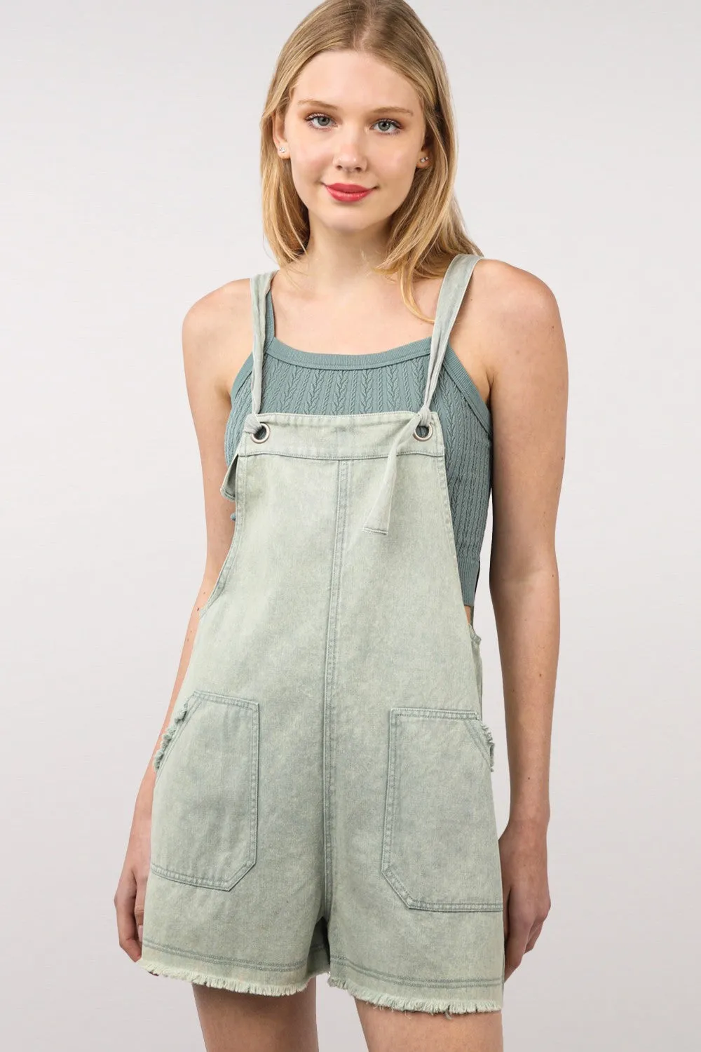 VERY J Washed Frayed Hem Denim Overall sold by Charming Charlie