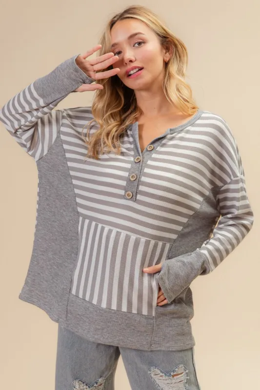BiBi Striped Thumbhole Long Sleeve Top sold by Charming Charlie