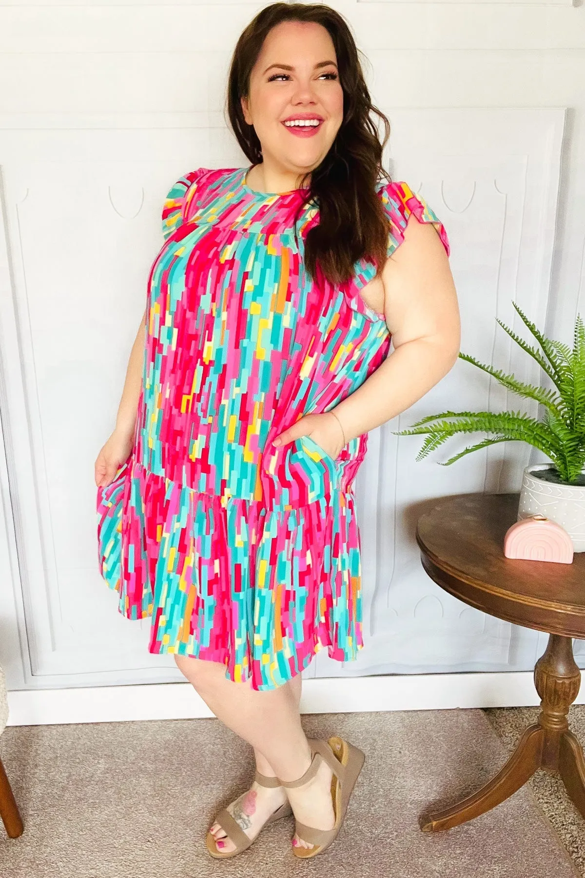 Feeling Bold Multicolor Abstract Print Tiered Ruffle Sleeve Dress sold by Charming Charlie product image thumbnail 3