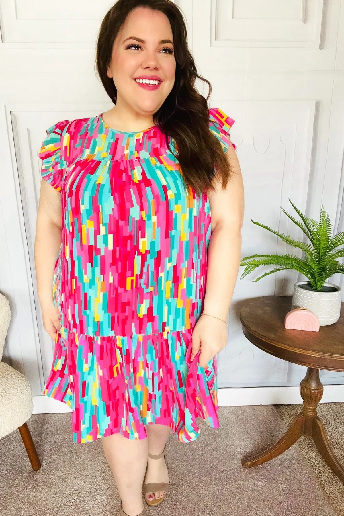 Feeling Bold Multicolor Abstract Print Tiered Ruffle Sleeve Dress sold by Charming Charlie product image thumbnail 2
