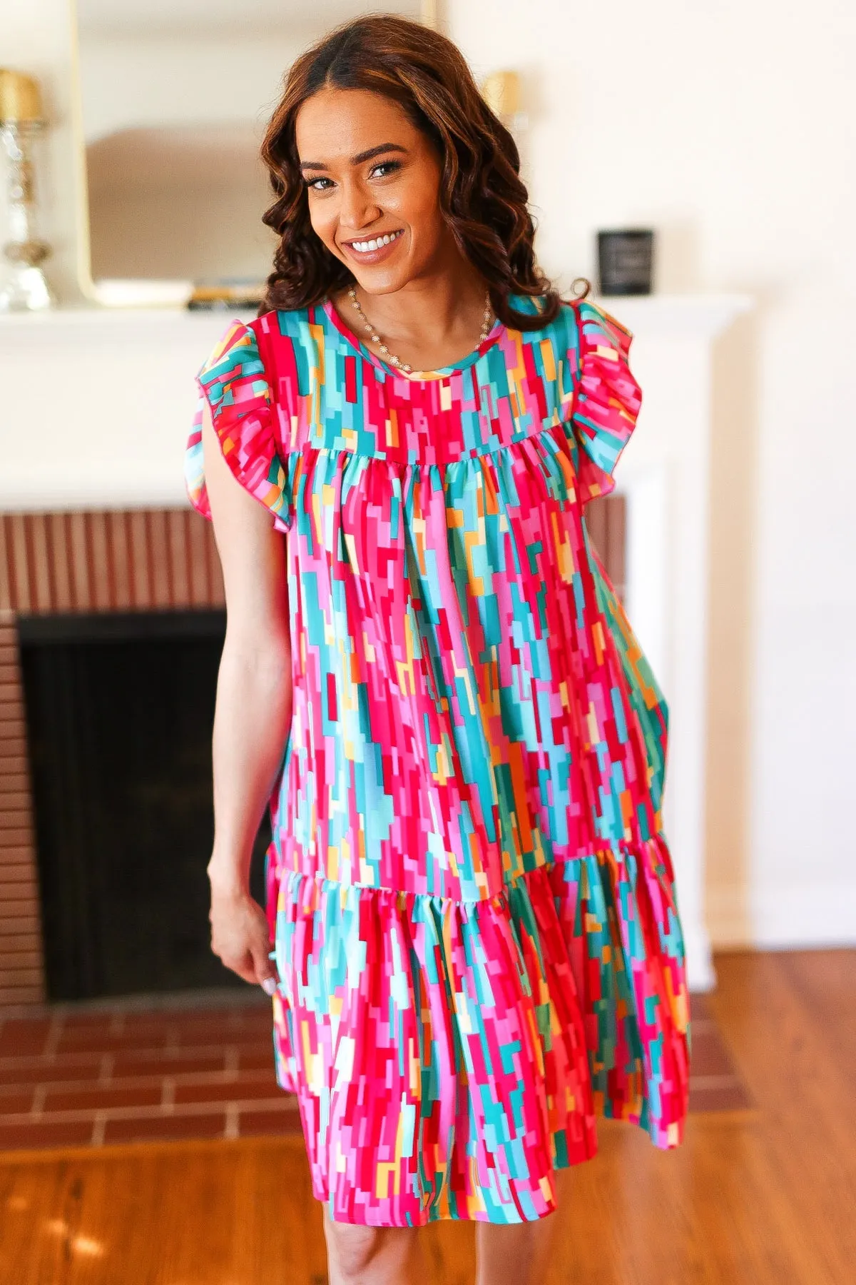 Feeling Bold Multicolor Abstract Print Tiered Ruffle Sleeve Dress sold by Charming Charlie product image thumbnail 5