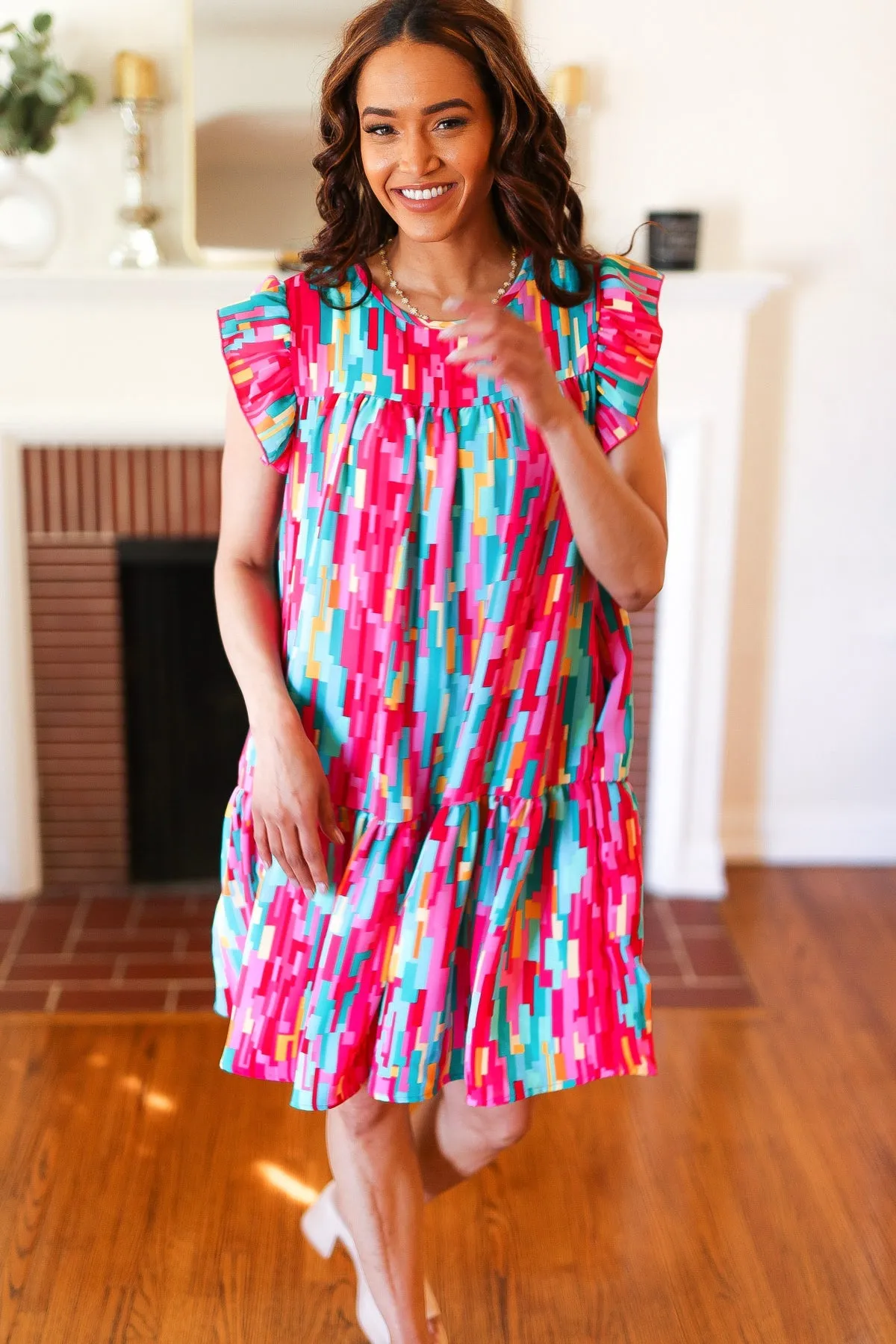 Feeling Bold Multicolor Abstract Print Tiered Ruffle Sleeve Dress sold by Charming Charlie