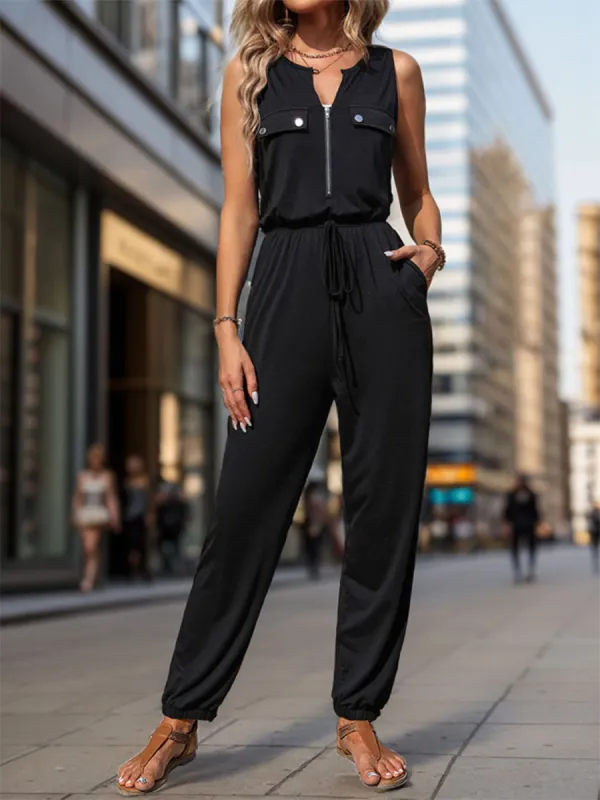 Half Zip Sleeveless Jumpsuit with Pockets sold by Charming Charlie