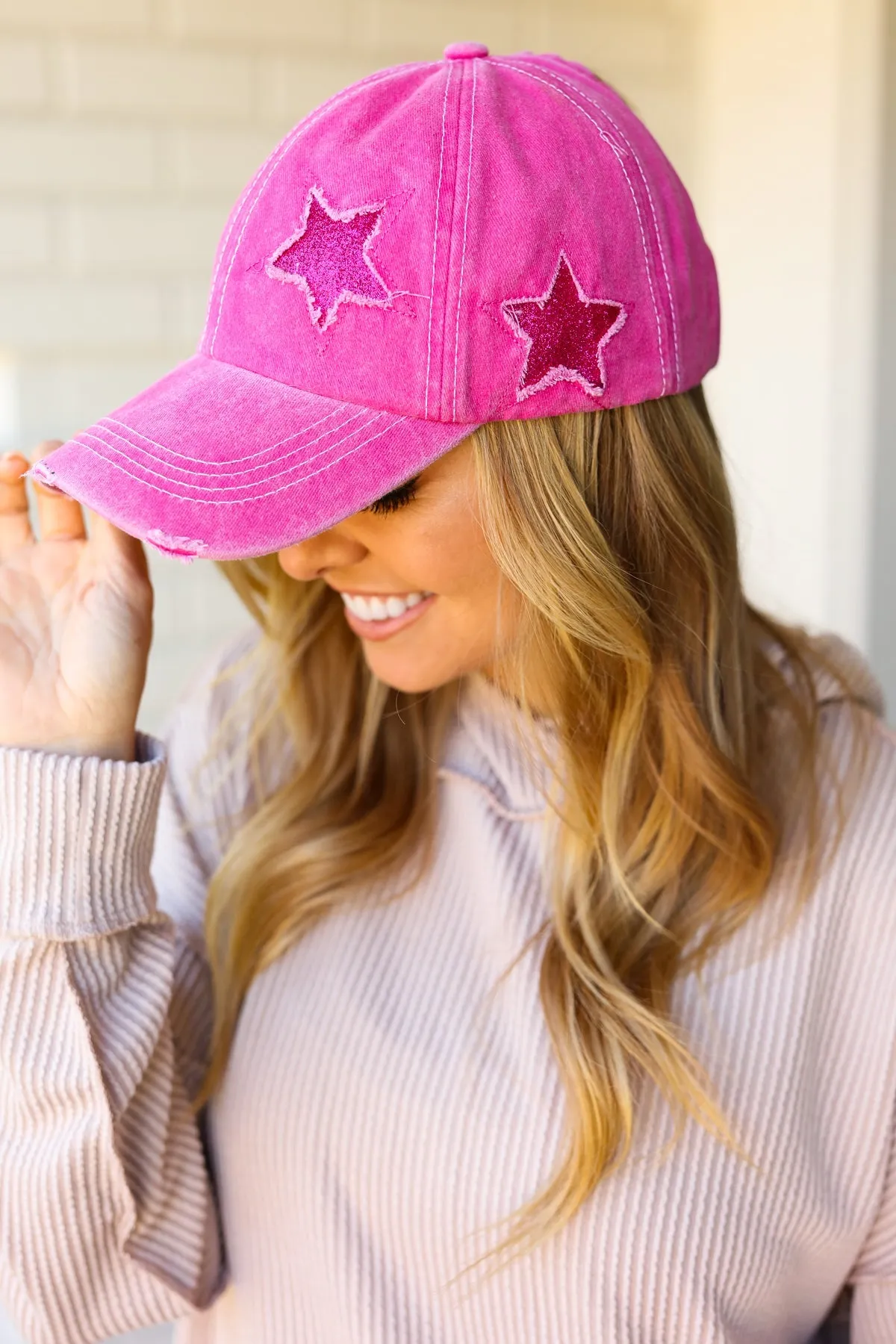 Fuchsia Glitter Star Distressed Baseball Cap sold by Charming Charlie product image thumbnail 5