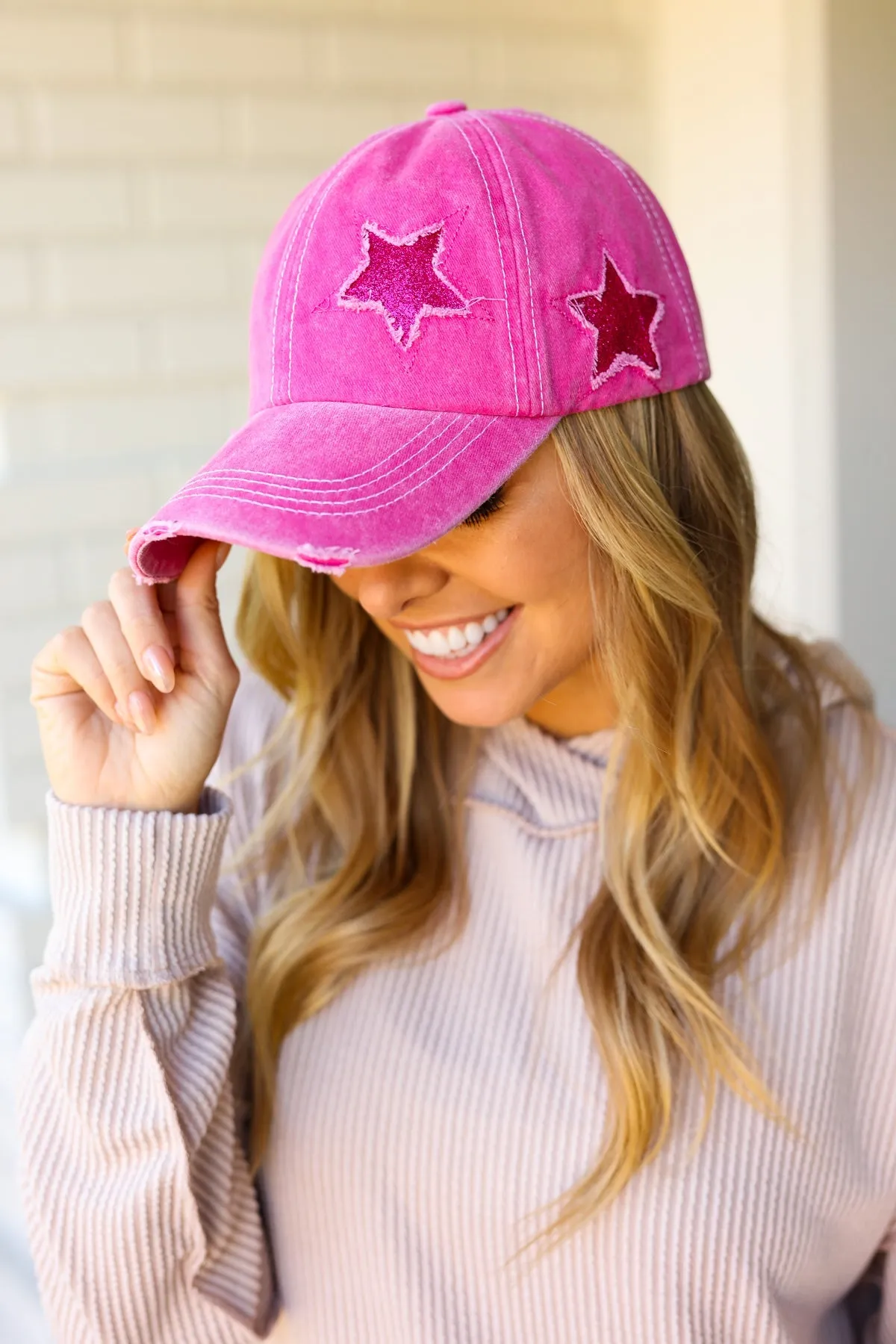 Fuchsia Glitter Star Distressed Baseball Cap sold by Charming Charlie product image thumbnail 3