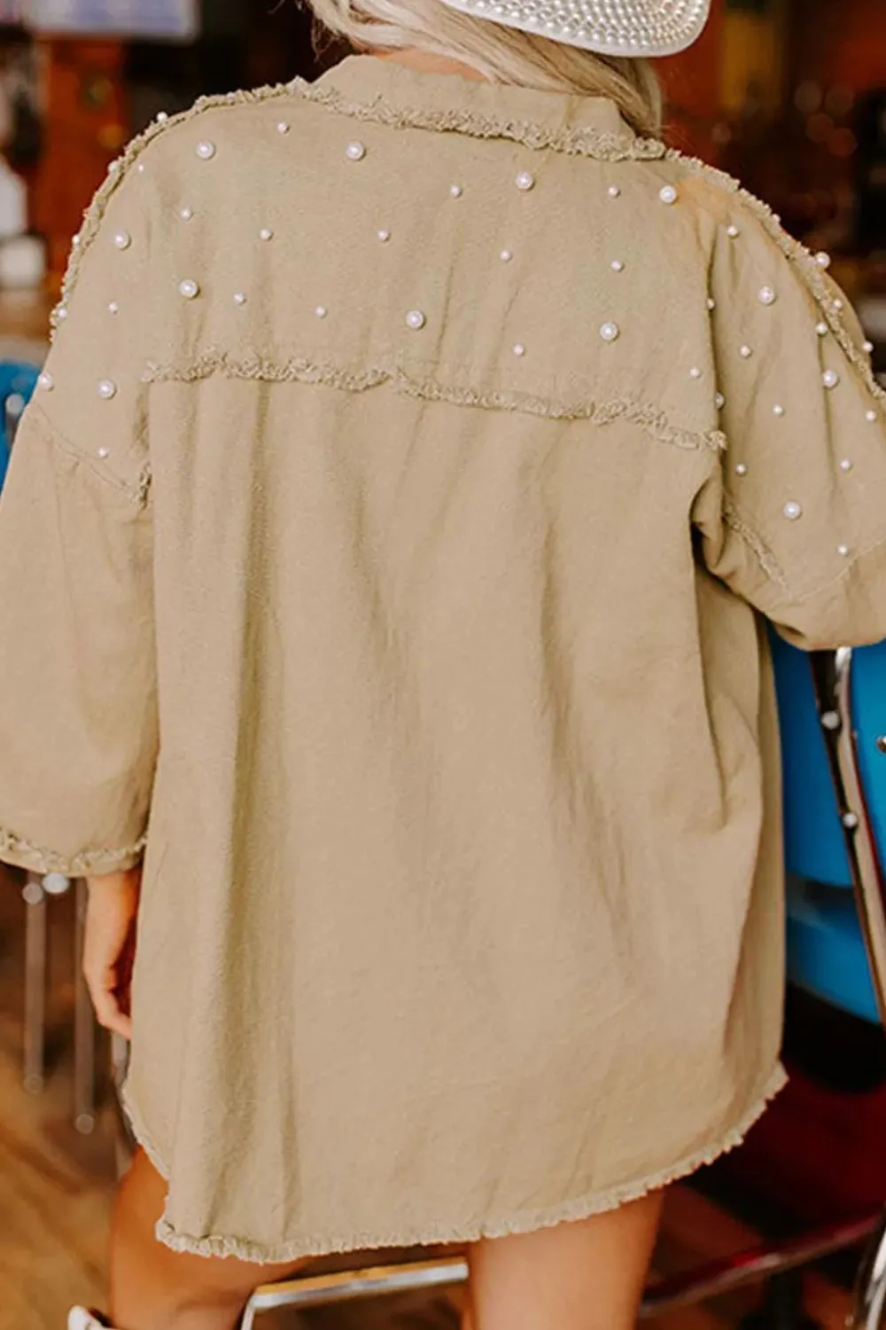 Raw Hem Pearl Trim Dropped Shoulder Denim Jacket sold by Charming Charlie product image thumbnail 3