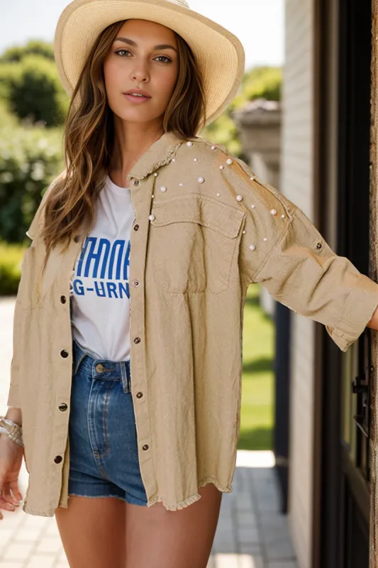 Raw Hem Pearl Trim Dropped Shoulder Denim Jacket sold by Charming Charlie