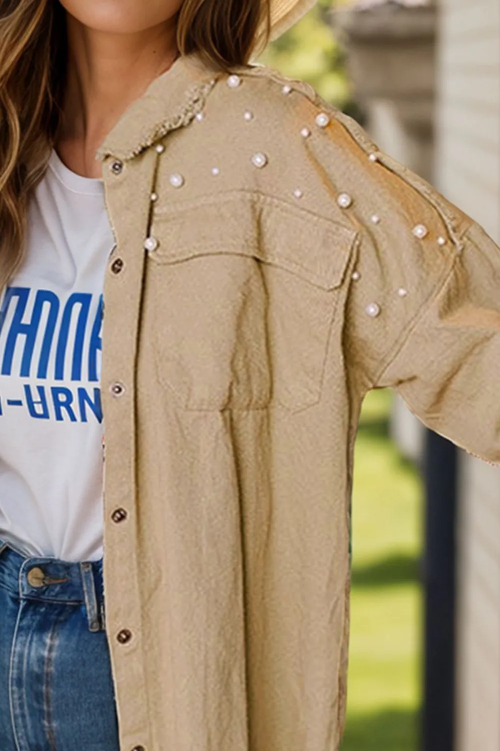 Raw Hem Pearl Trim Dropped Shoulder Denim Jacket sold by Charming Charlie product image thumbnail 2