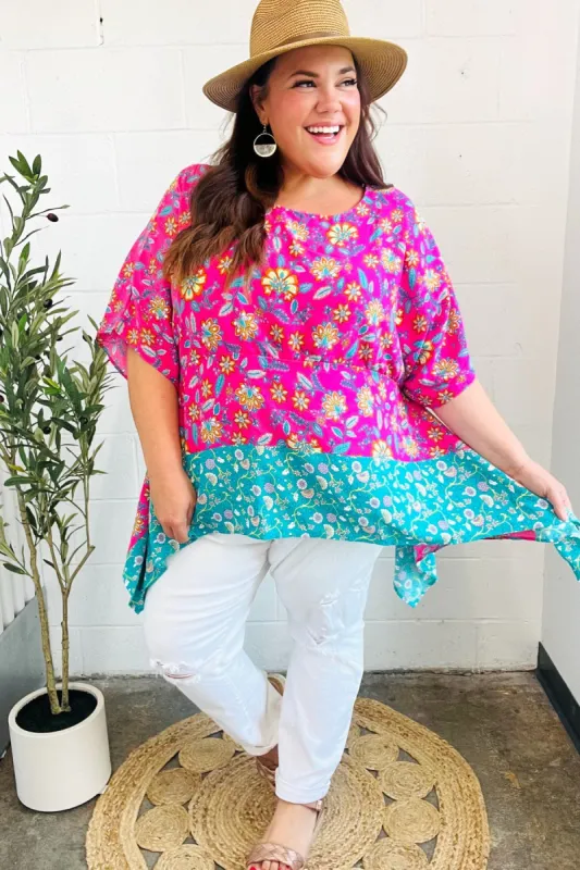 Vacay Ready Fuchsia Paisley Floral Dolman Sleeve Shark Bite Top sold by Charming Charlie