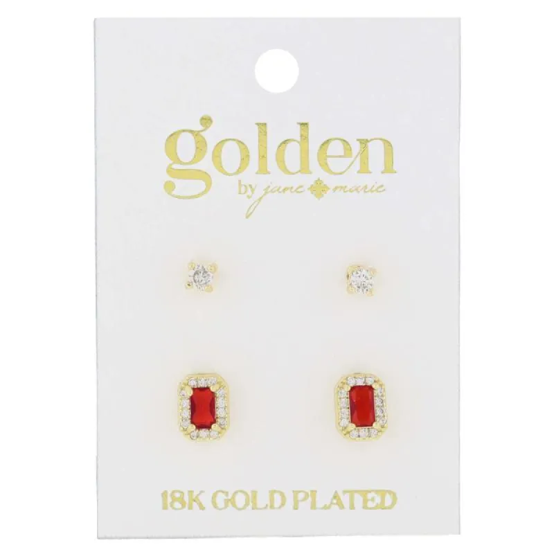 18K Gold Plated 2 Stud Set, Crystal, Garnet Baguette & Crystals Earrings, .15", .35" Top to Bottom sold by Charming Charlie
