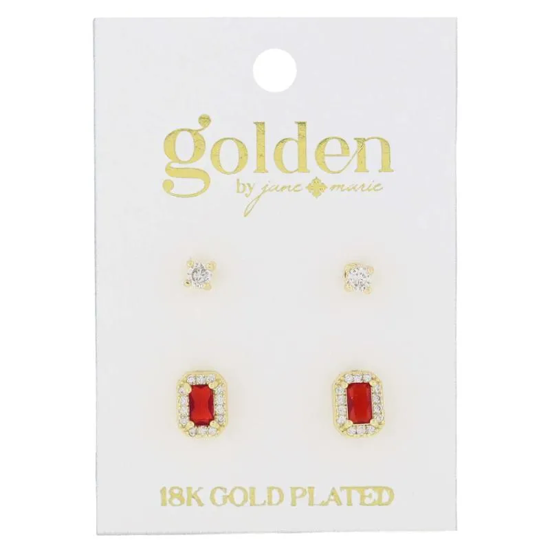 18K Gold Plated 2 Stud Set, Crystal, Garnet Baguette & Crystals Earrings, .15", .35" Top to Bottom sold by Charming Charlie