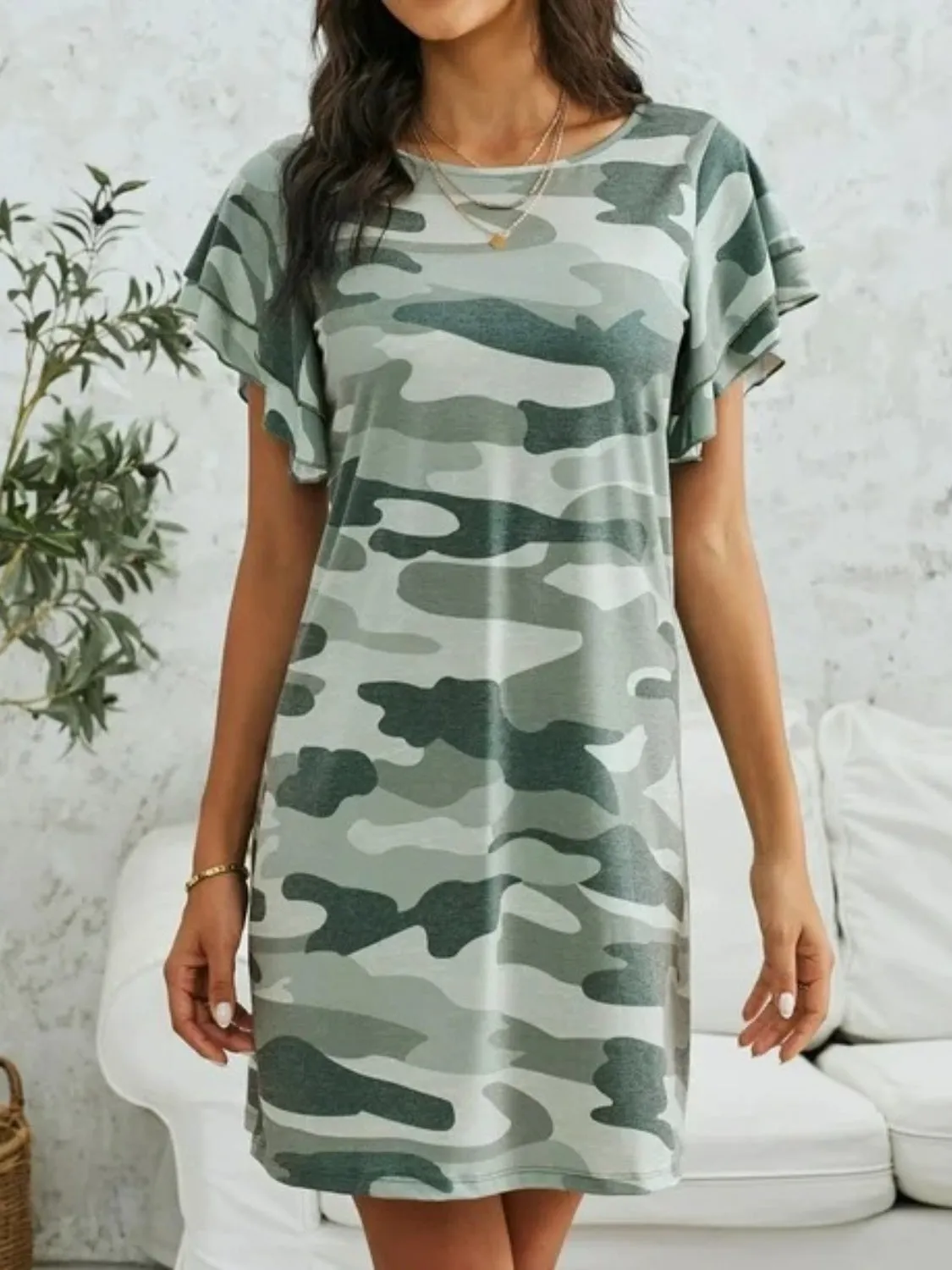 Camouflage Round Neck Short Sleeve Mini Dress sold by Charming Charlie