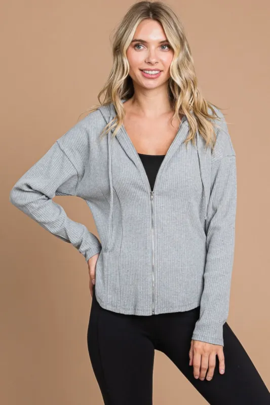 Culture Code Full Size Ribbed Zip Up Drawstring Hooded Jacket sold by Charming Charlie